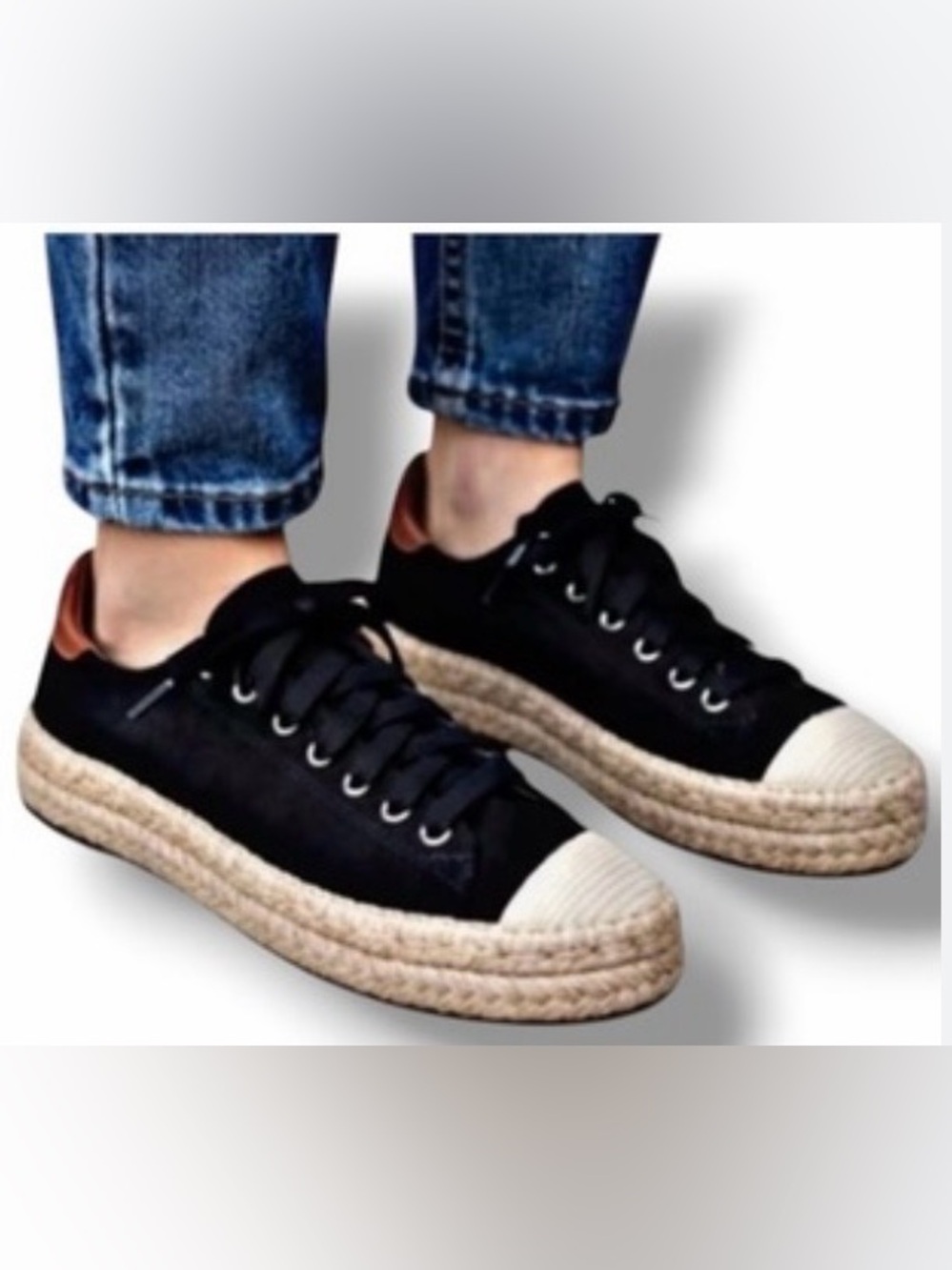Paolo Black Espadrille Platform Sneakers with Cream Toe and Tan Heel Size 8.5